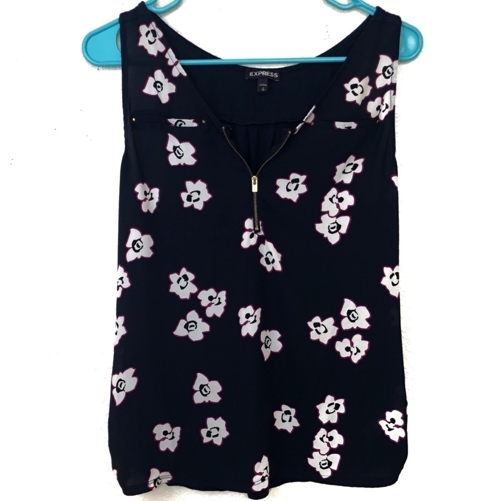 Express Navy Blue White Floral Quarter Zip Sleeveless Tank Top Blouse Womens